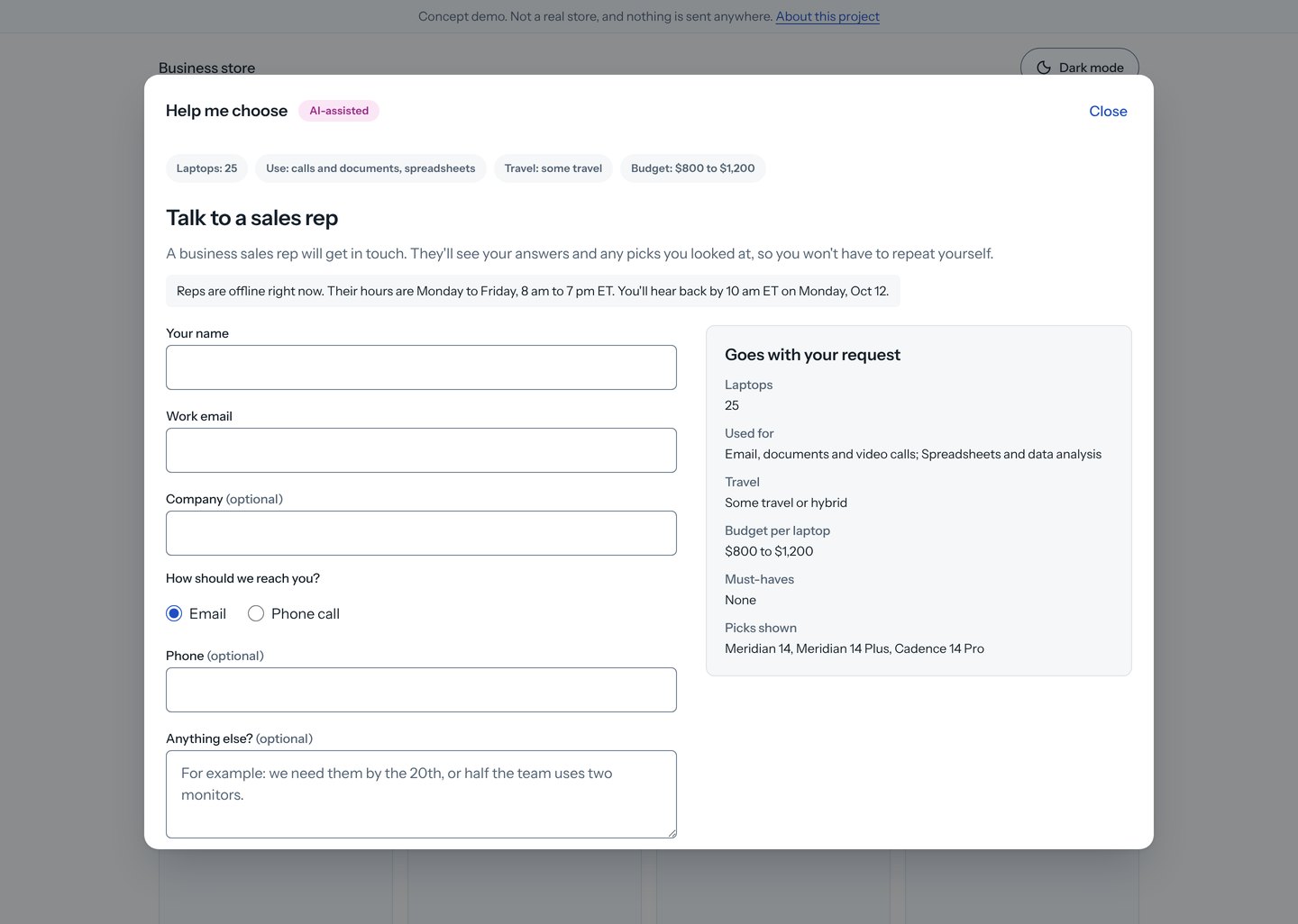 The sales rep handoff: a short form beside a summary of the answers and picks that go with the request, and a note that reps are offline with the next business morning shown