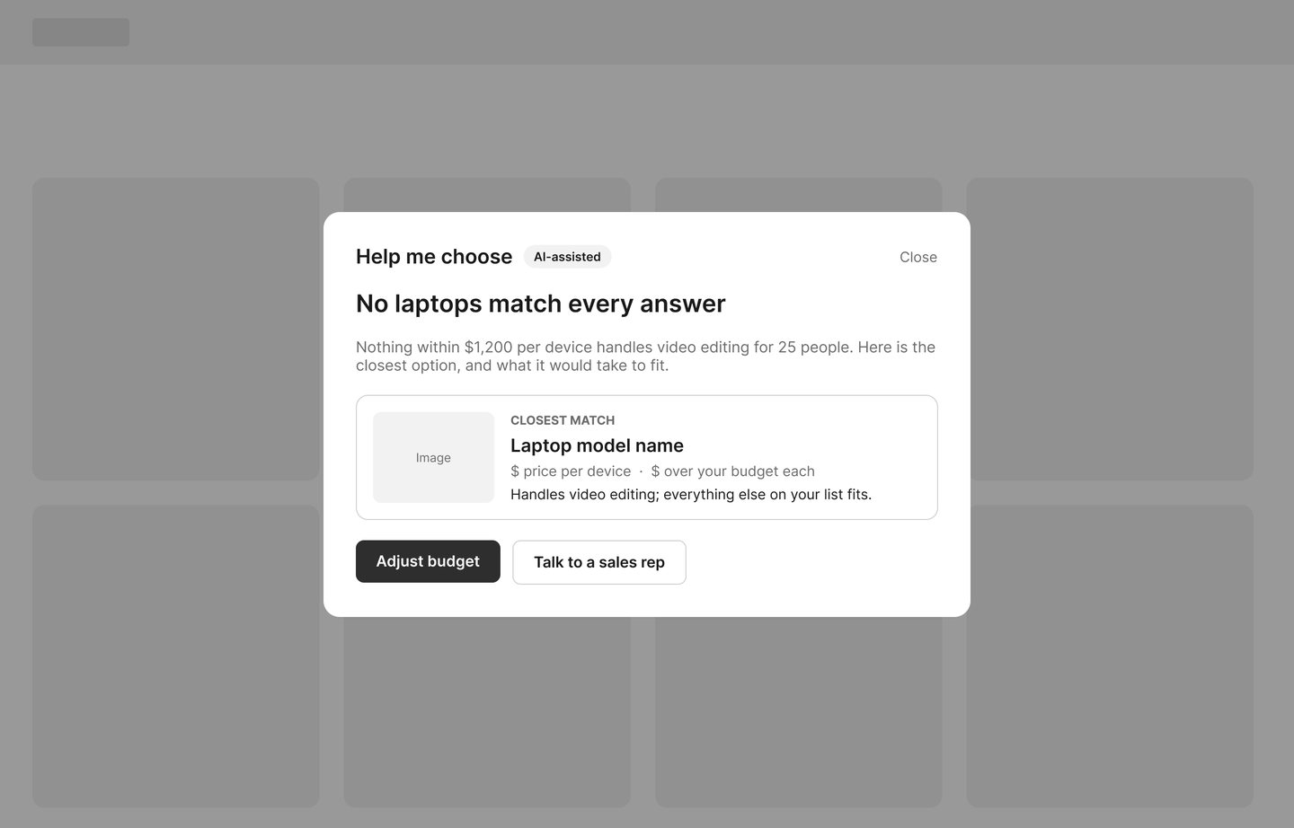 Wireframe: a no match screen with the closest option and how far over budget it is