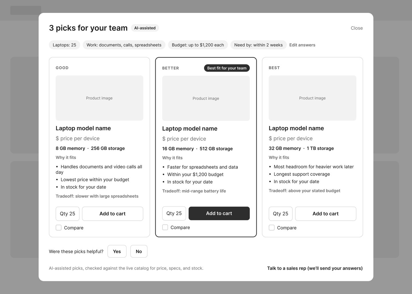 Wireframe: good, better and best laptop cards with specs, reasons and tradeoffs