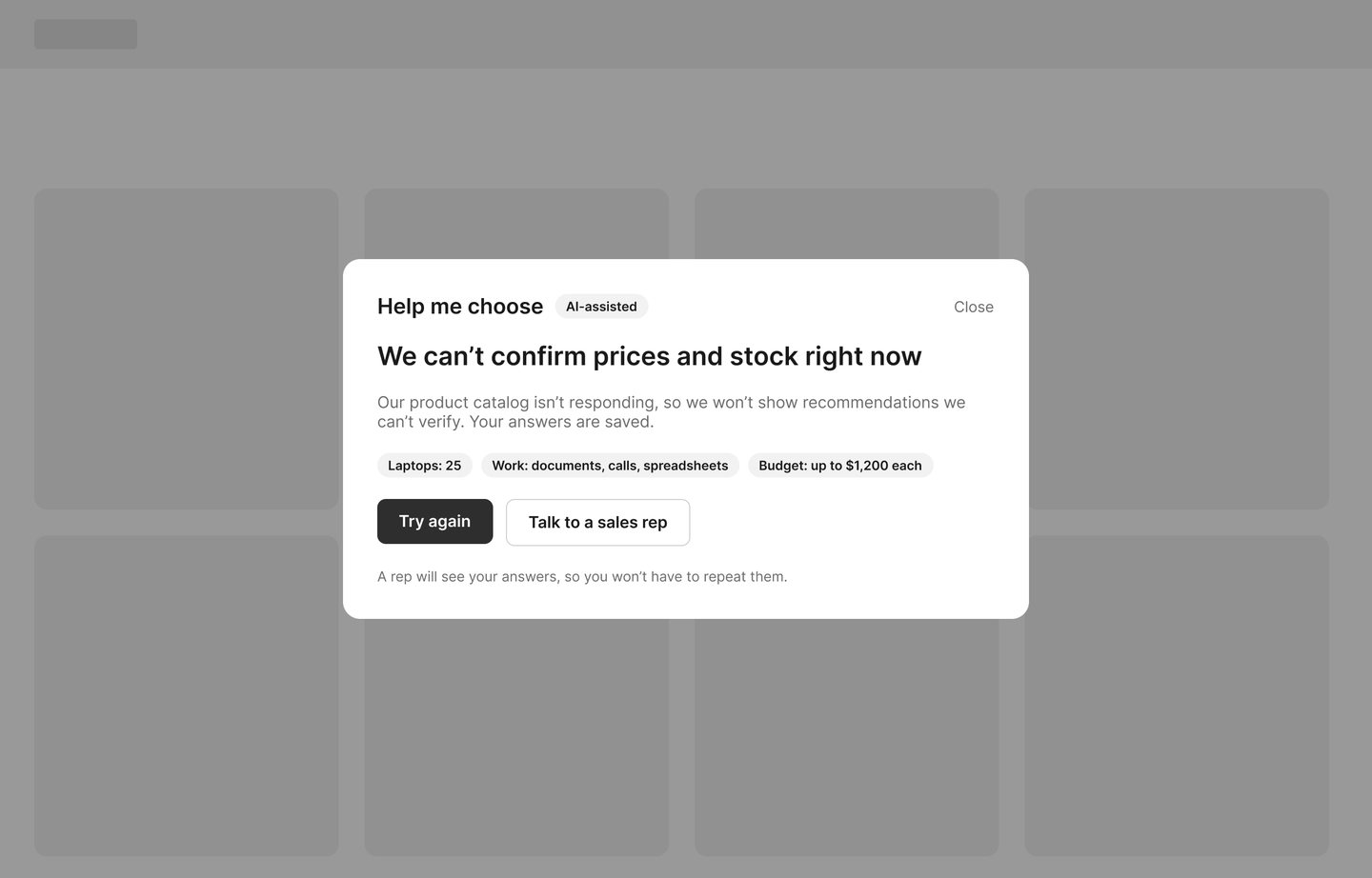 Wireframe: we can't confirm prices and stock right now, with saved answers and two buttons