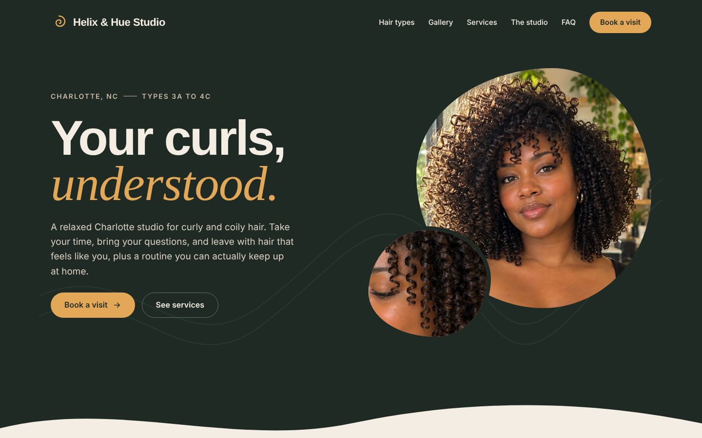 Helix & Hue Studio homepage hero with the headline, a Book a visit button, and a curly portrait beside it