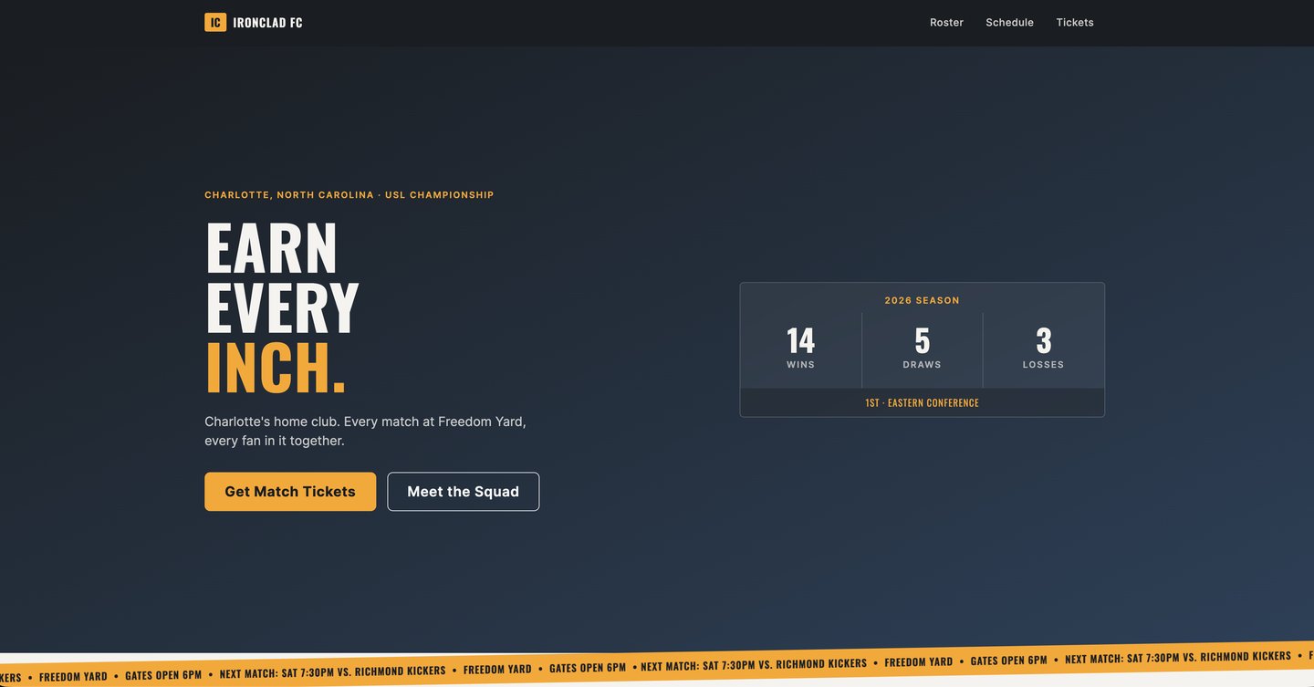 Charlotte Ironclad FC marketing site showing the hero section, ticker strip, and team content